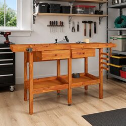 Solid Wood Workbench with 2 Drawers Shelf and Dual Vices 162x62x83cm Workshop
