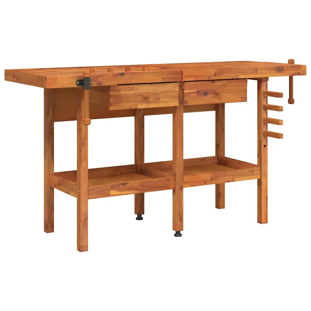 Solid Wood Workbench Brown 162x62x83cm with 2 Drawers Shelf and Dual Vices