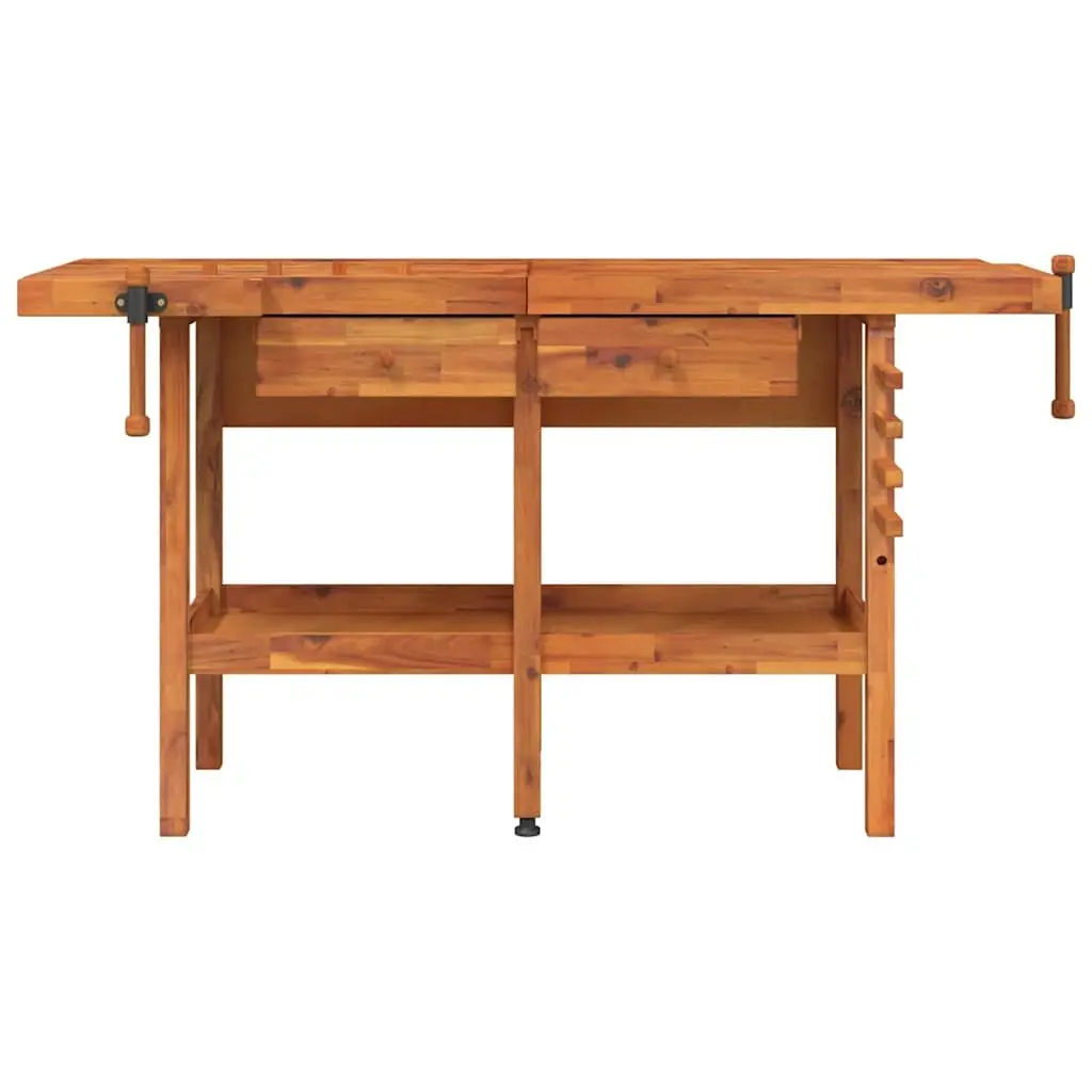 Solid Wood Workbench Brown 162x62x83cm with 2 Drawers Shelf and Dual Vices