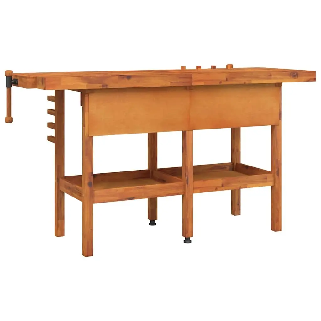 Solid Wood Workbench Brown 162x62x83cm with 2 Drawers Shelf and Dual Vices