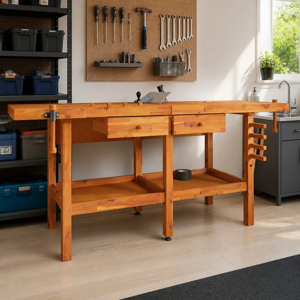 Wood Workbench Brown Large Sturdy Construction with Drawers Storage Shelf Double Vice