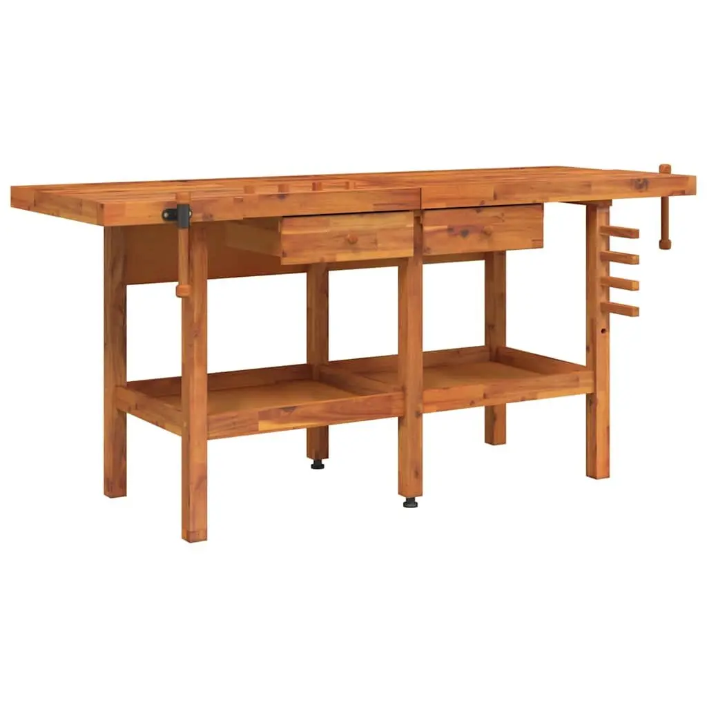 Wood Workbench Brown Large Sturdy Construction with Drawers Storage Shelf Double Vice