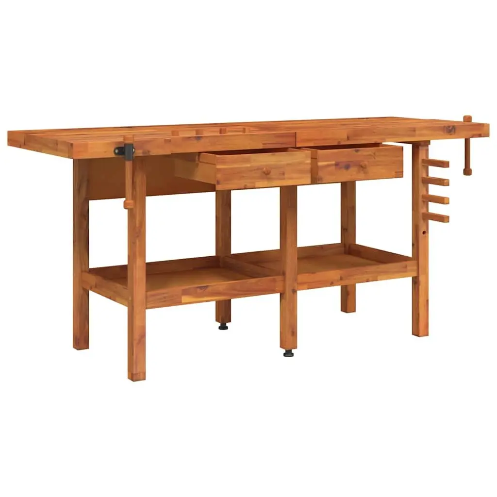 Wood Workbench Brown Large Sturdy Construction with Drawers Storage Shelf Double Vice