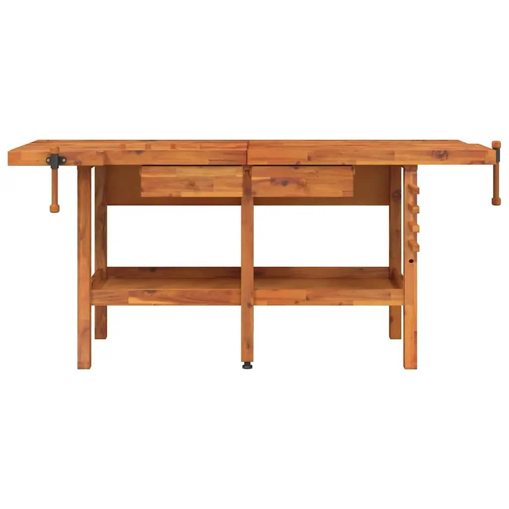 Wood Workbench Brown Large Sturdy Construction with Drawers Storage Shelf Double Vice