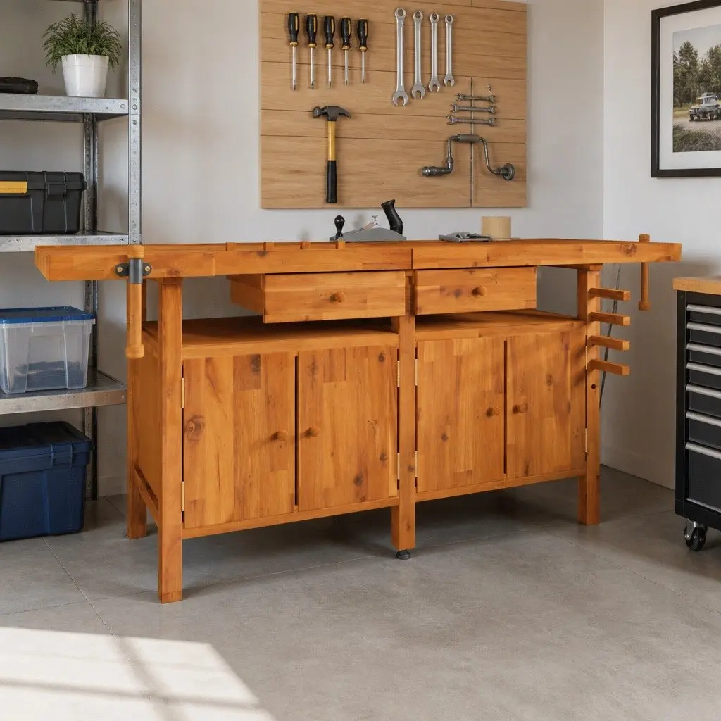 Workbench Brown 192x62x83 cm Solid Wood Acacia with Drawers and Vices