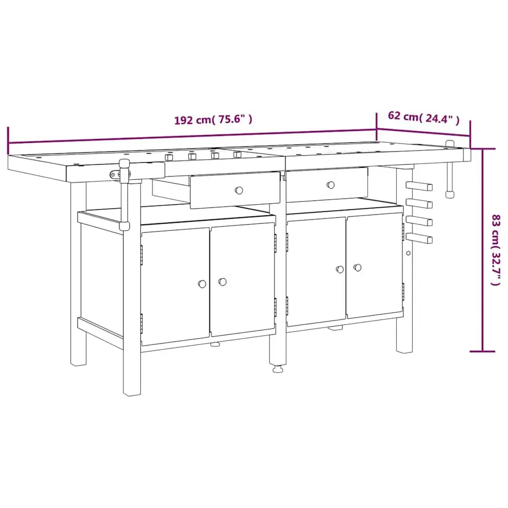 Workbench Brown 192x62x83 cm Solid Wood Acacia with Drawers and Vices