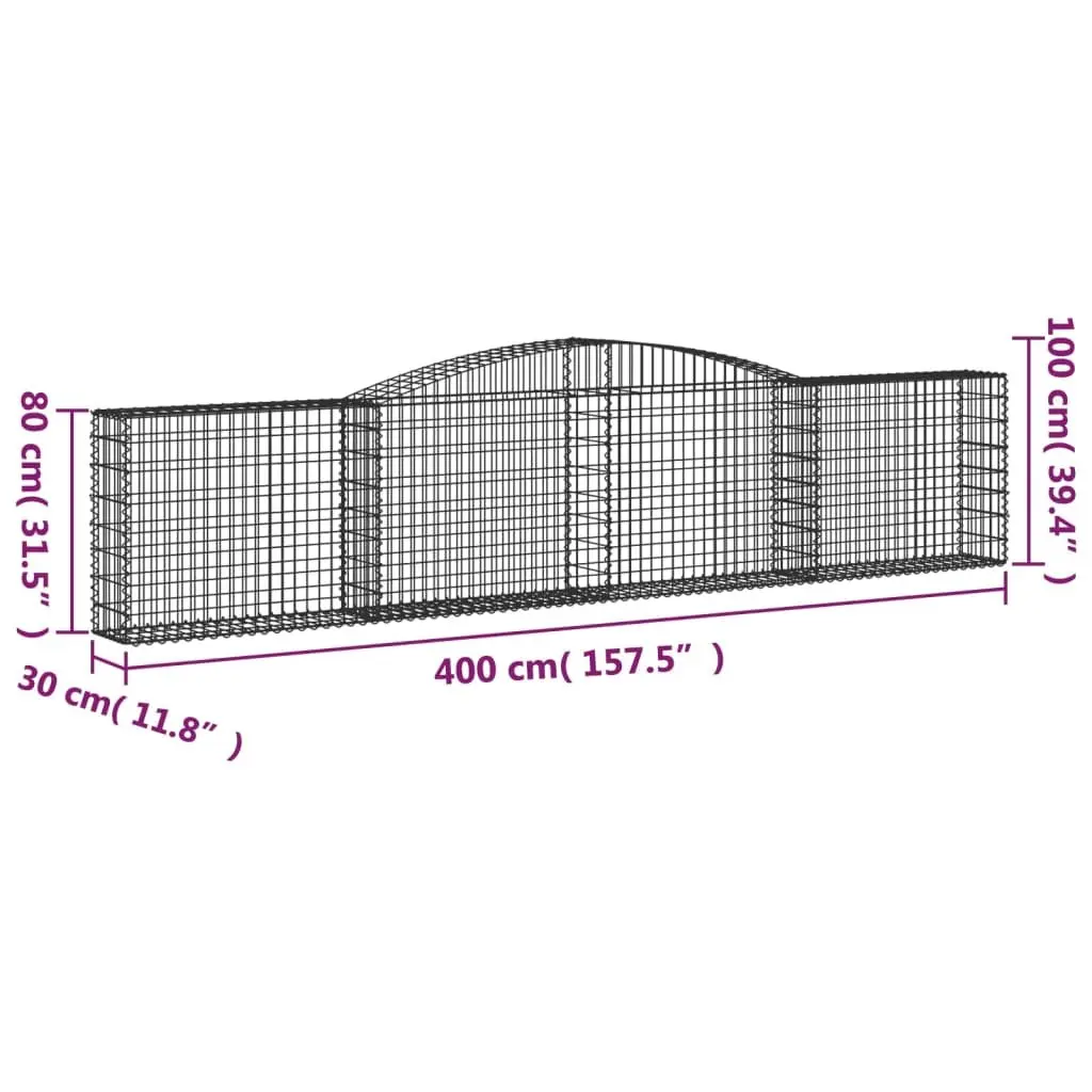 Arched Gabion Basket Silver 400x30x80/100cm Decorative Garden Barrier Sound-Insulating Retaining Wall