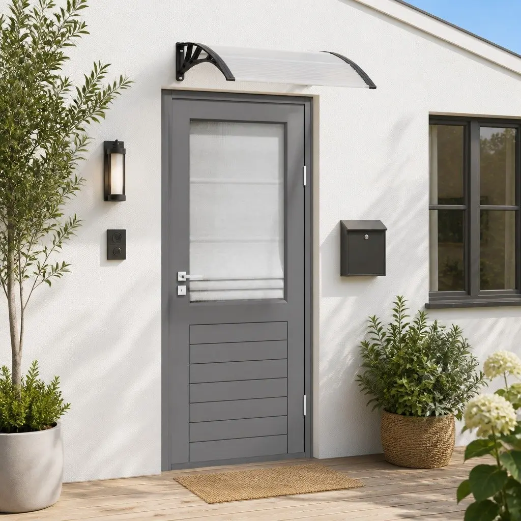 Door Canopy Black 100x75cm Weather Resistant Hollow Polycarbonate with ABS Brackets and Aluminium Frame