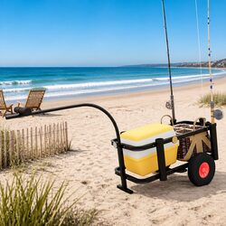 Fishing Trolley Hand Cart Steel Black Pneumatic Wheels Rod Holder Camping Gear