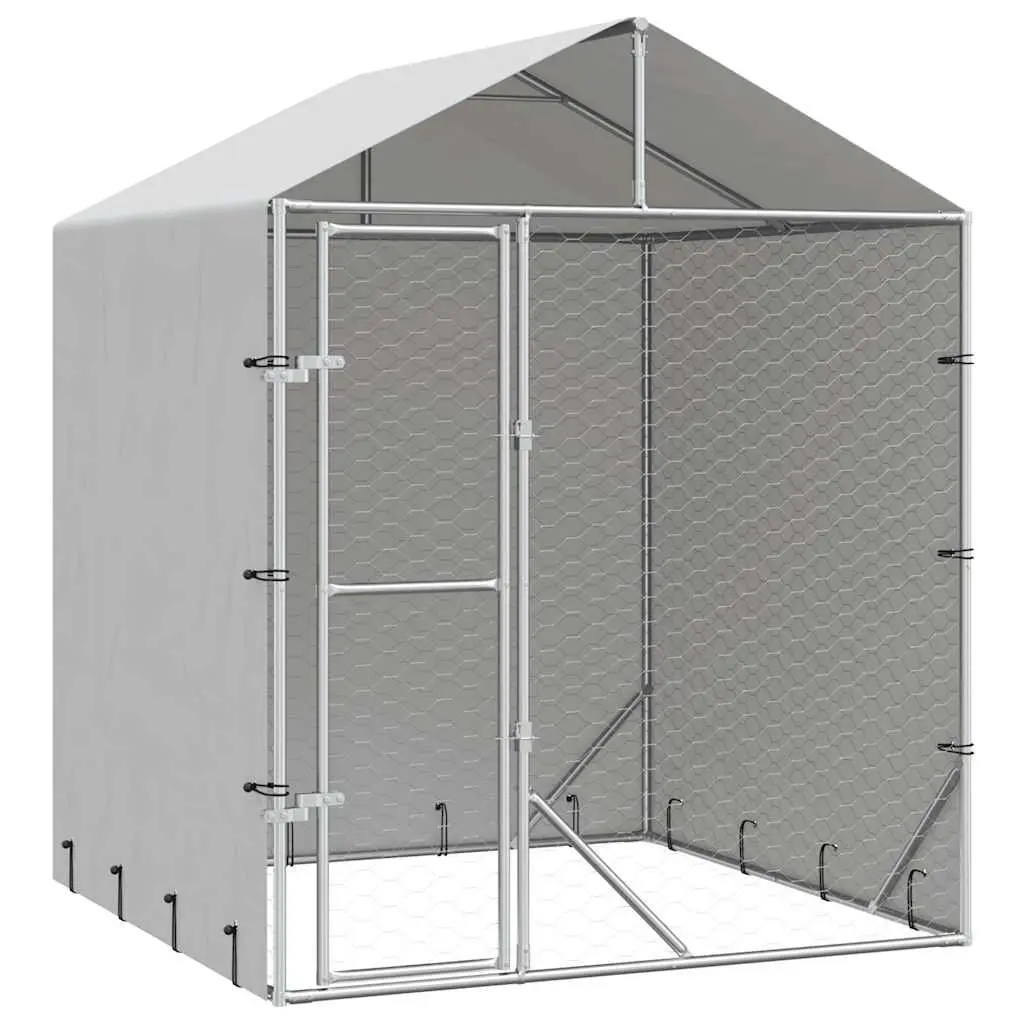 Outdoor Dog Kennel Silver Galvanised Steel Spacious Run Enclosure with Roof