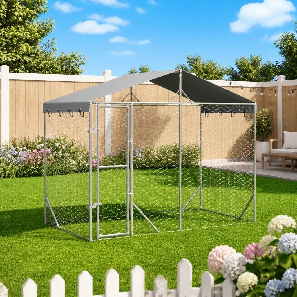 Dog Kennel Silver 3x1.5x2.5 m Galvanised Steel Outdoor Enclosure with Roof