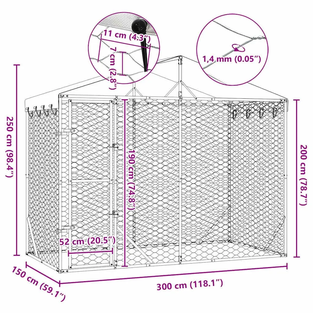Dog Kennel Silver 3x1.5x2.5 m Galvanised Steel Outdoor Enclosure with Roof