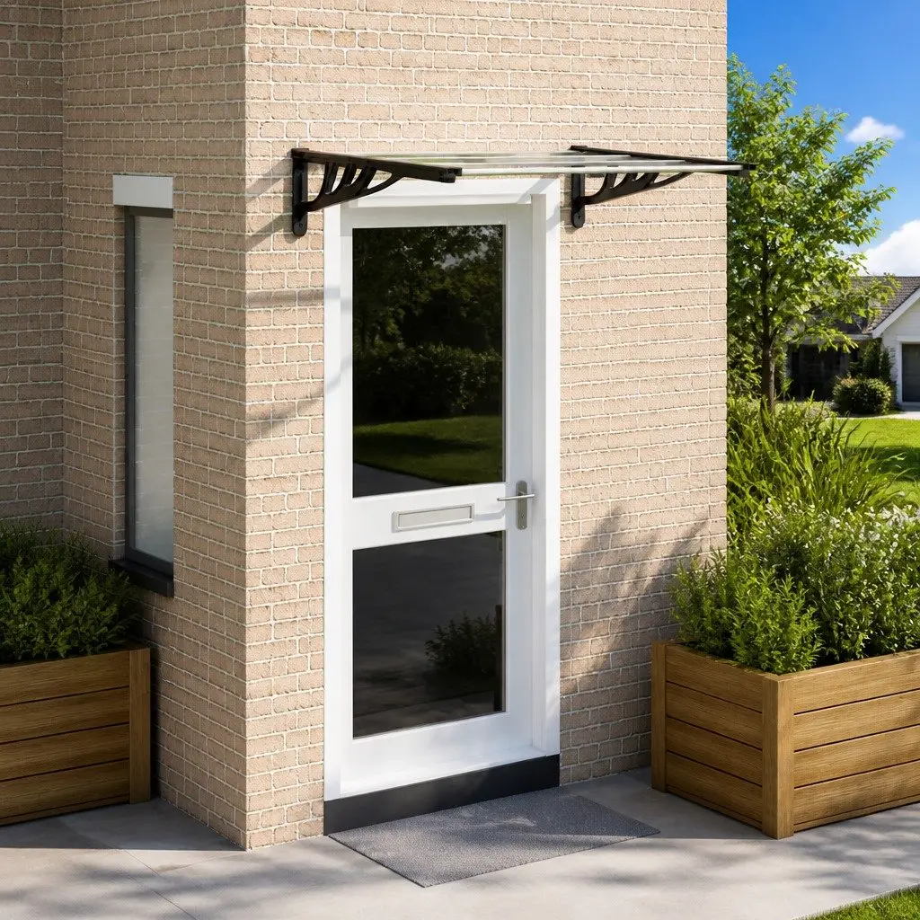 Door Canopy Black Transparent 122x90cm Weather Resistant Polycarbonate Porch Shelter