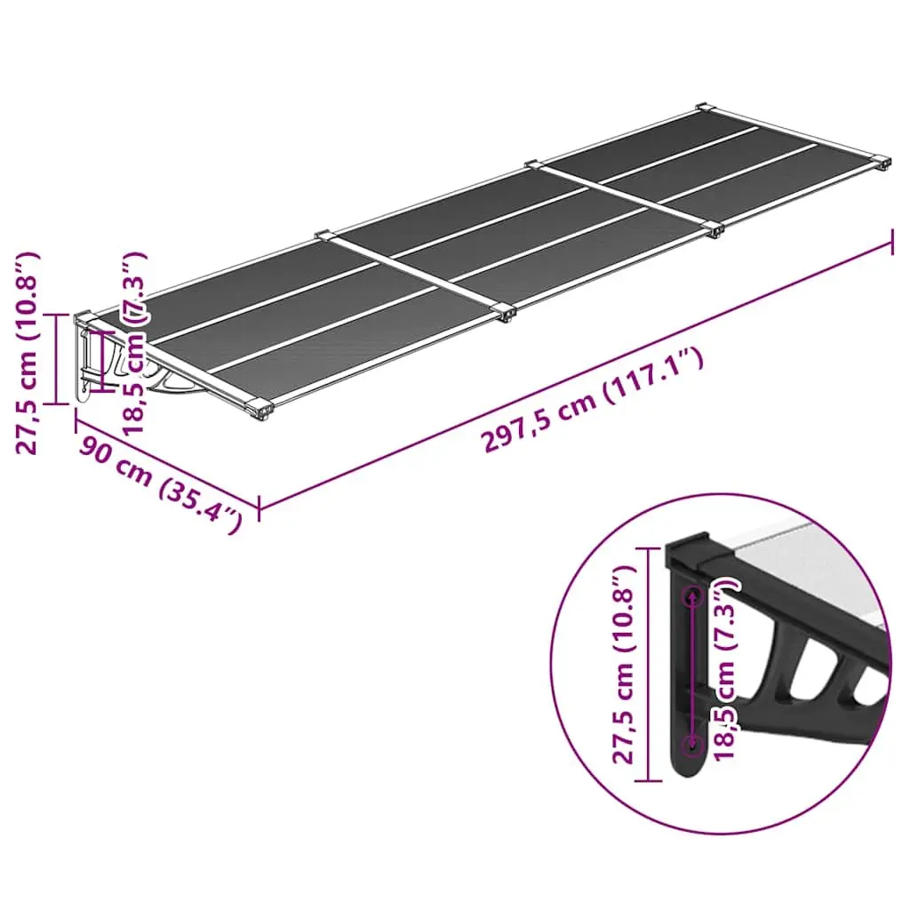 Door Canopy Black Transparent 297.5x90cm Weather Resistant Polycarbonate Awning