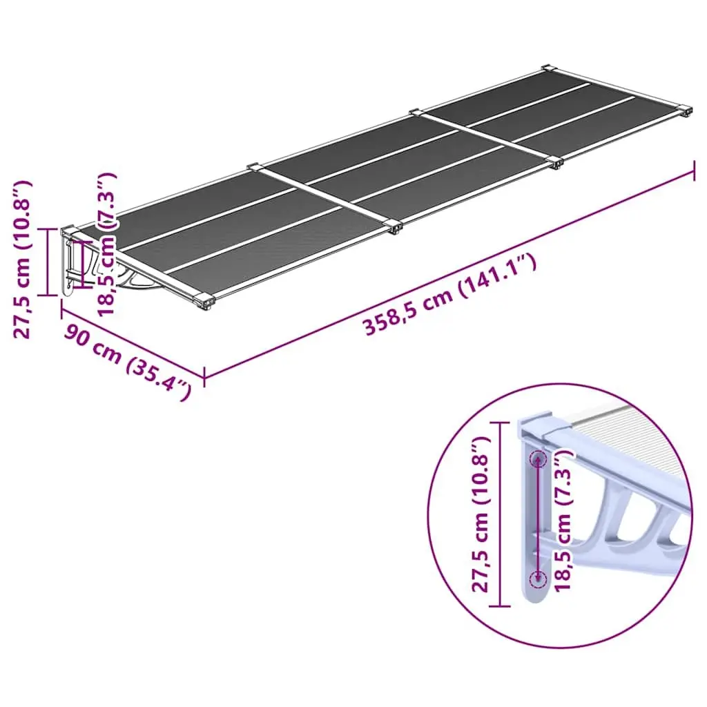 Door Canopy Grey Transparent 358.5x90cm Polycarbonate Weather Resistant Awning Shelter