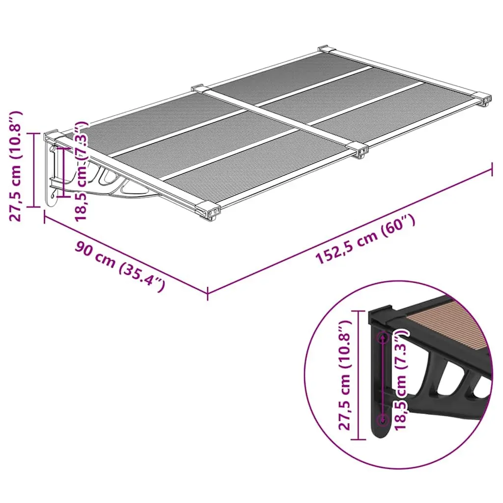 Door Canopy Black 152.5x90cm Polycarbonate Weather Protection Shelter