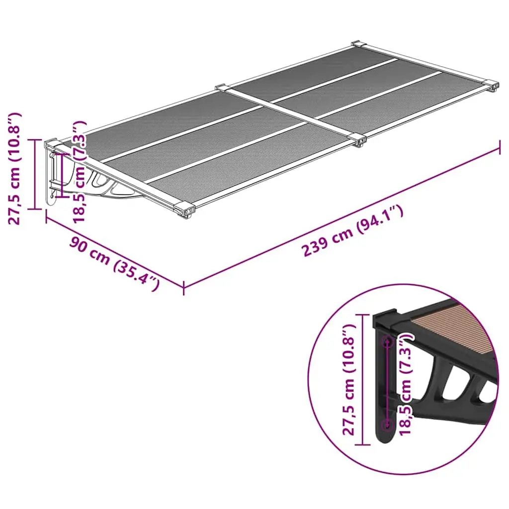 Door Canopy Black 239x90cm Polycarbonate Weather Protection Shelter