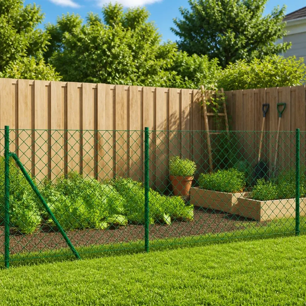 Chain Link Fence Panel Green 0.8x25m Interlocking Steel Mesh with PVC Coating and Spike Anchors for Garden Barrier Enclosure