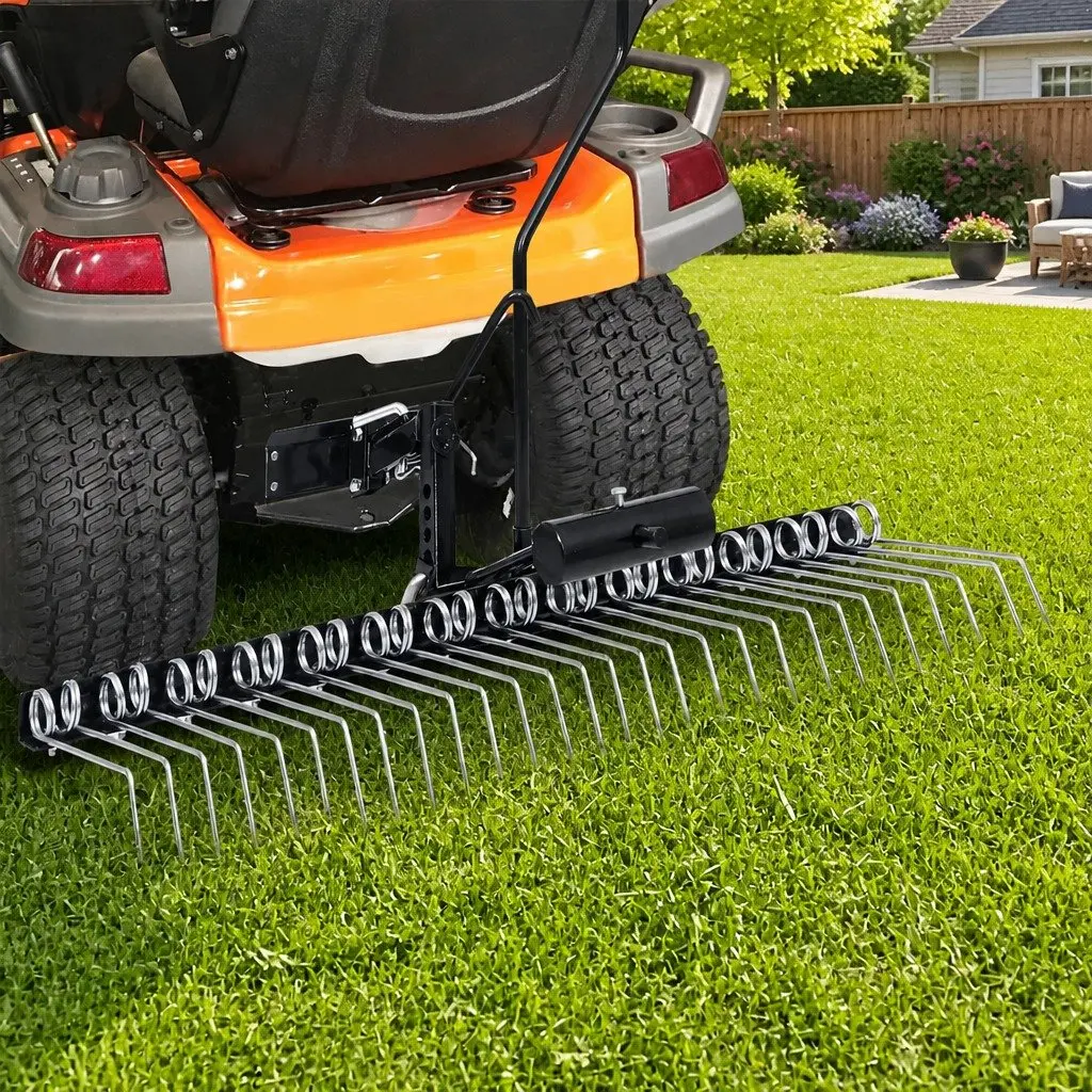 Scarifier Attachment Silver 109cm Wide Lawn Aerator with 14 Twin Spring Tines for Ride-on Mowers and Lawn Tractors
