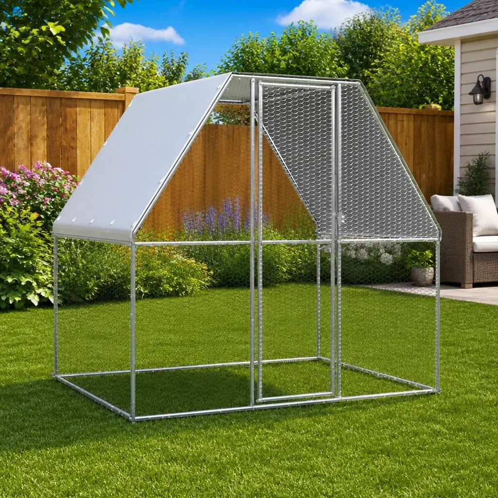 Chicken Cage Silver Grey 2x2x2 m Galvanised Steel Walk In Coop Run Hen House Rabbit
