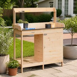 Potting Table with Cabinet Storage Drawer Shelf Brown Solid Wood Plant Stand