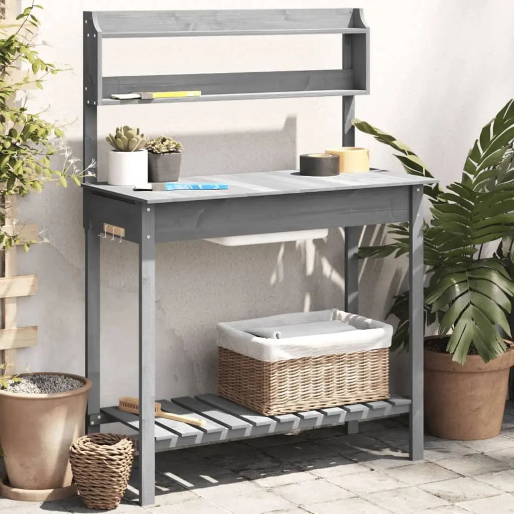 Potting Table with Sink Grey Solid Wood Garden Workbench Plant Stand Storage