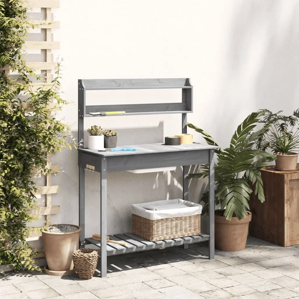 Potting Table with Sink Grey Solid Wood Garden Workbench Plant Stand Storage