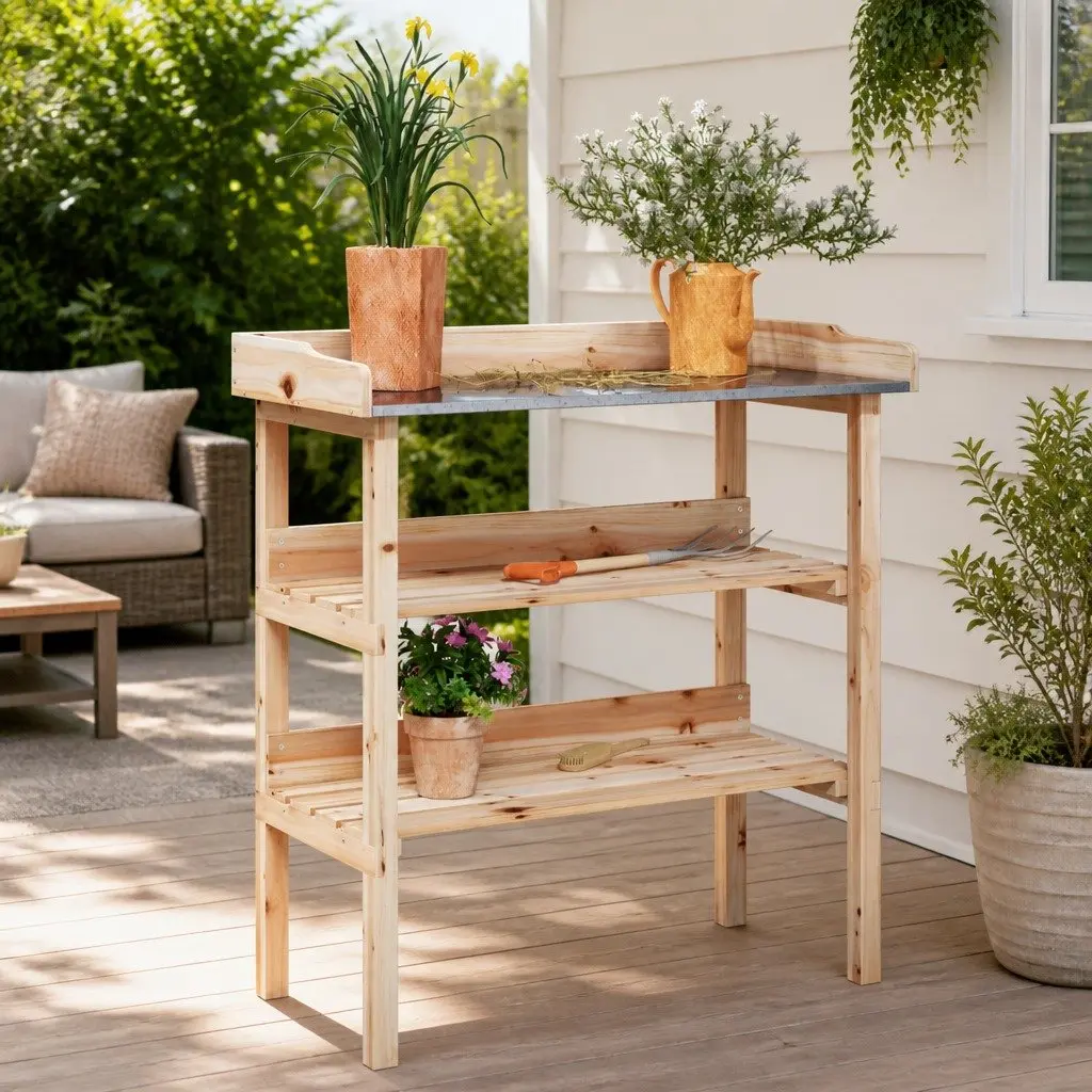 Plant Stand Table Brown 2 Shelves Solid Fir Wood Metal Top Garden Worktop