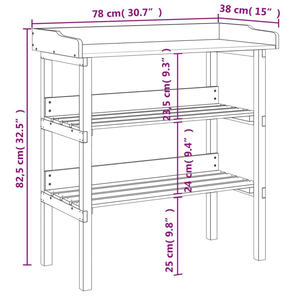 Plant Stand Table Brown 2 Shelves Solid Fir Wood Metal Top Garden Worktop