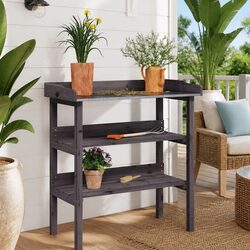 Grey Wood Plant Table with Storage Shelves