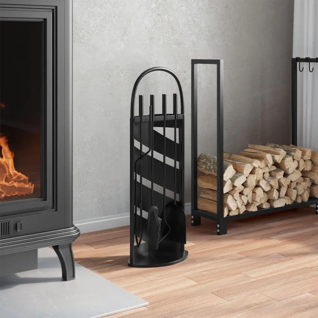 Fireplace Tool Set Black 5 Piece Steel Durable Stand with Hooks for Fireplace Maintenance