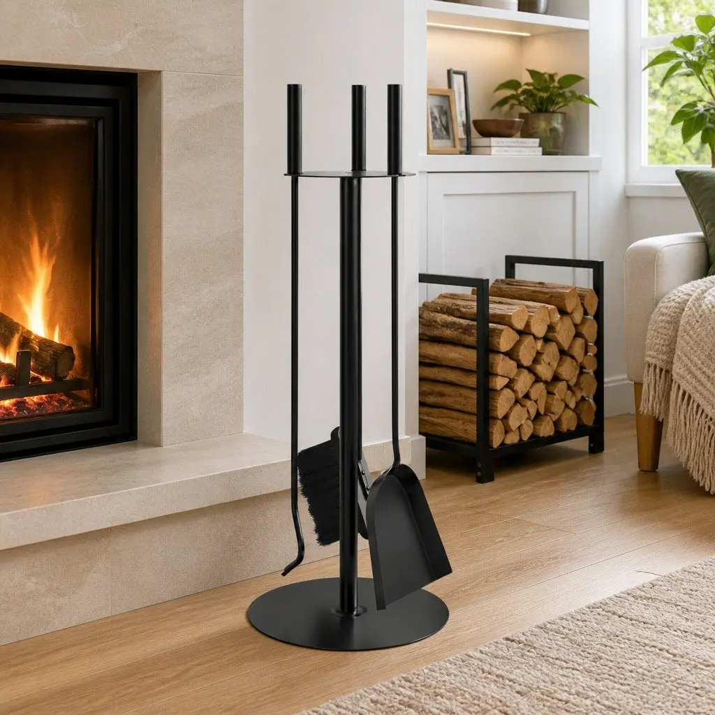 Fireplace Tool Set 4 Piece Steel Poker Shovel Broom Brush Ash Cleaning Rack