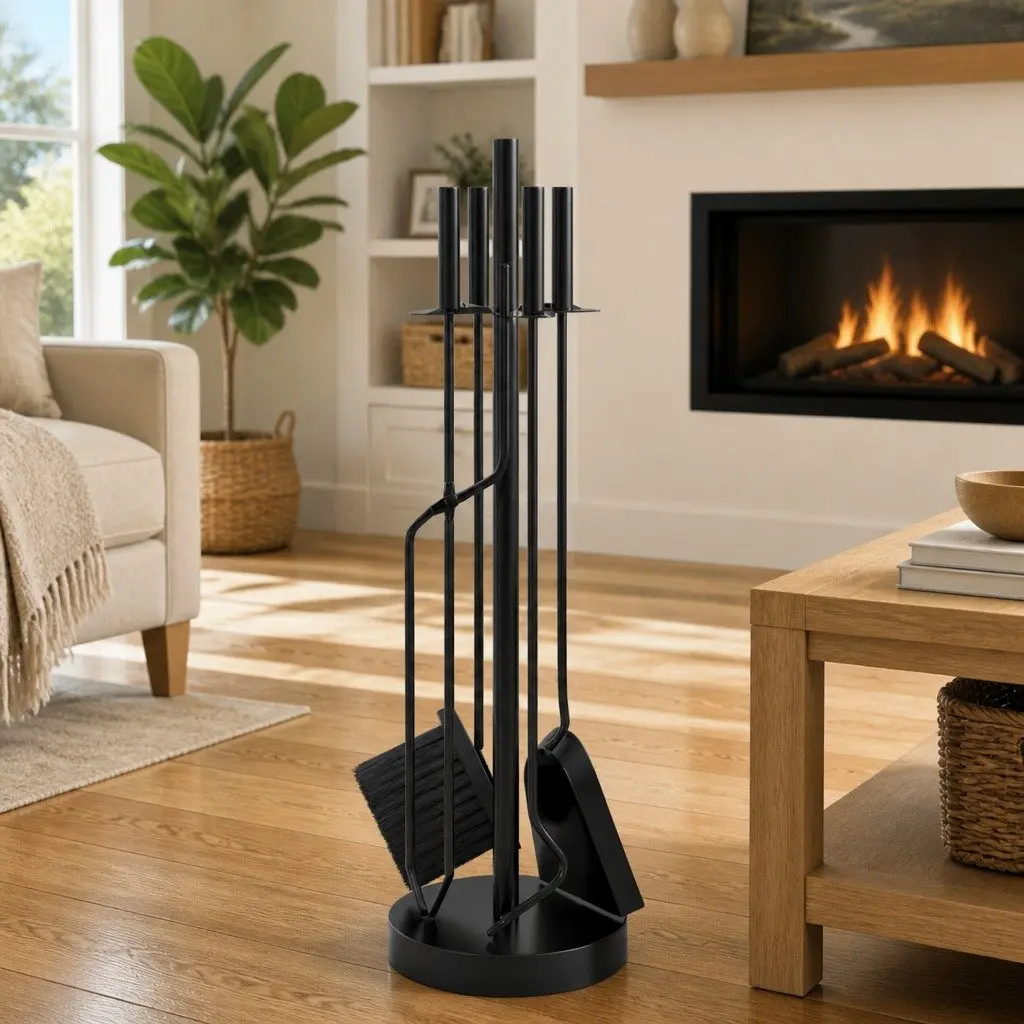 Fireplace Tool Set 5 Piece Steel Black Poker Rack Broom Shovel Pliers Hook Stand