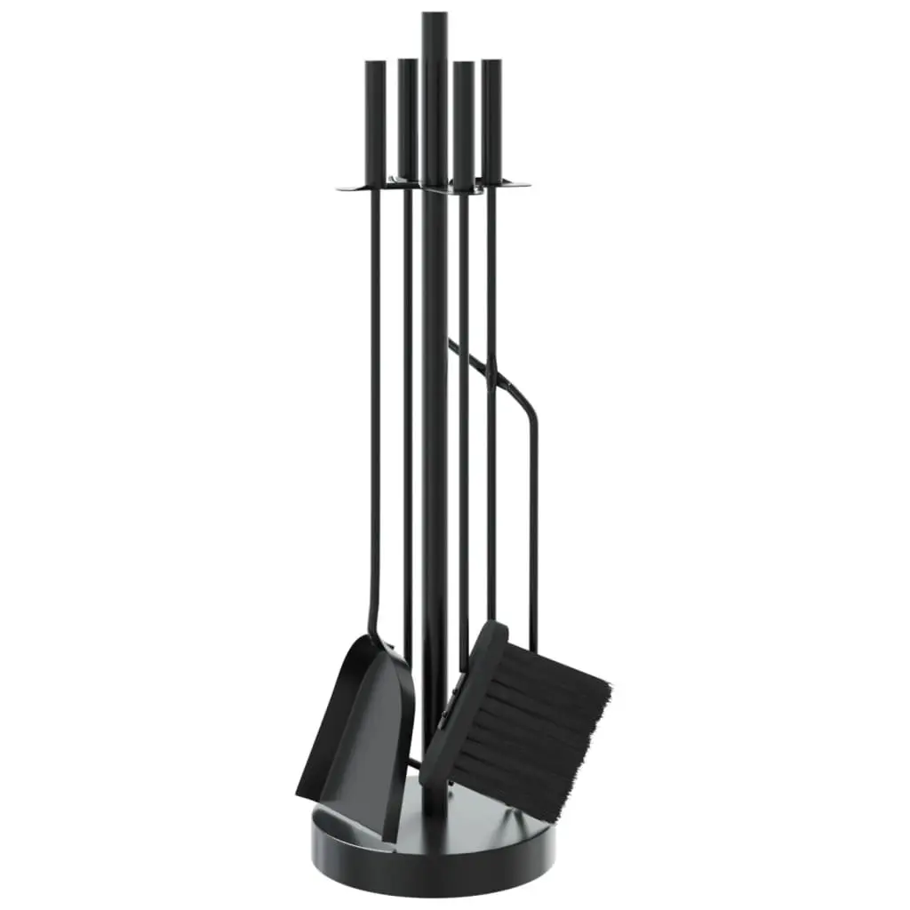 Fireplace Tool Set 5 Piece Steel Black Poker Rack Broom Shovel Pliers Hook Stand