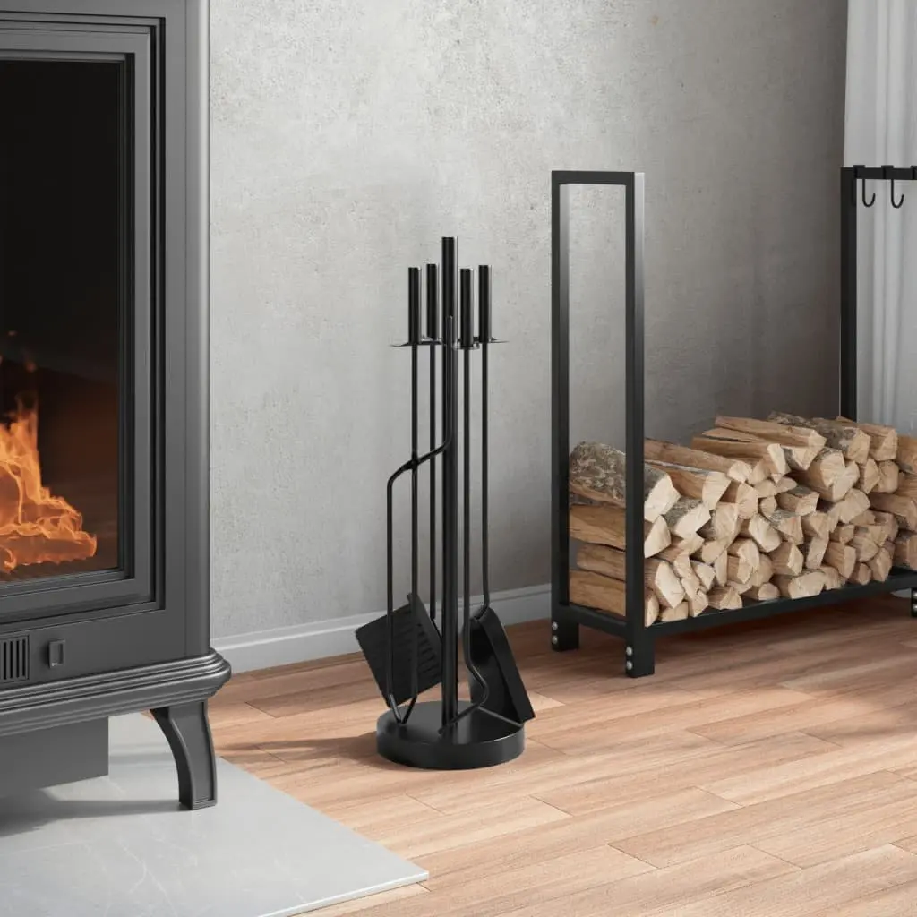 Fireplace Tool Set 5 Piece Steel Black Poker Rack Broom Shovel Pliers Hook Stand