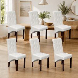 6 White Ergonomic Dining Chairs with Faux Leather and Wood