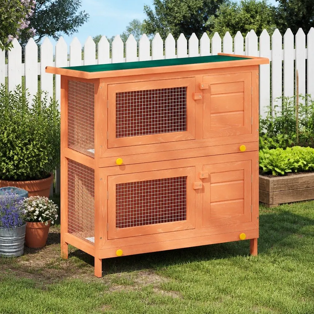 Rabbit Hutch Brown Wooden Two-Tier Outdoor Enclosure with Four Doors and Iron Wire Mesh