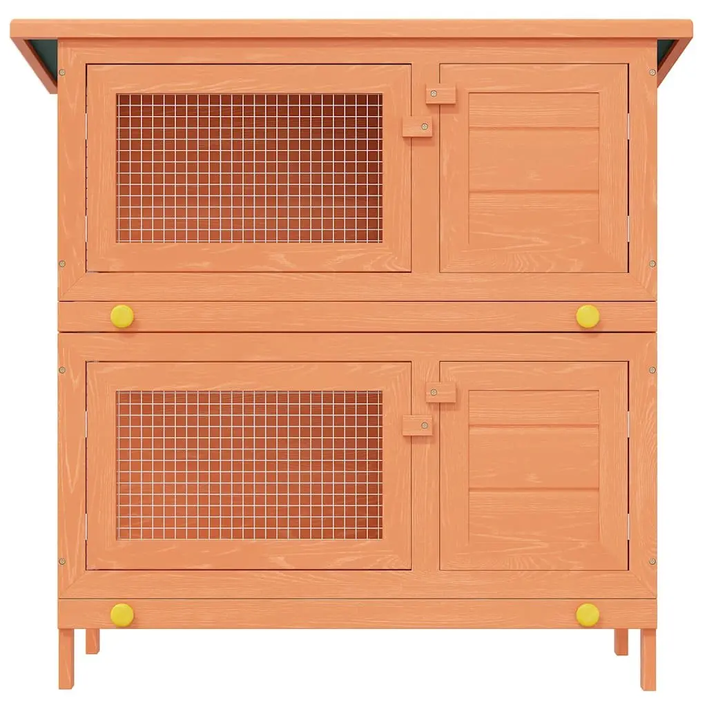 Rabbit Hutch Brown Wooden Two-Tier Outdoor Enclosure with Four Doors and Iron Wire Mesh