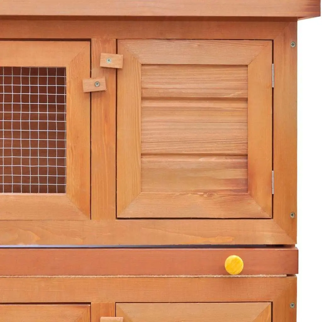 Rabbit Hutch Brown Wooden Two-Tier Outdoor Enclosure with Four Doors and Iron Wire Mesh