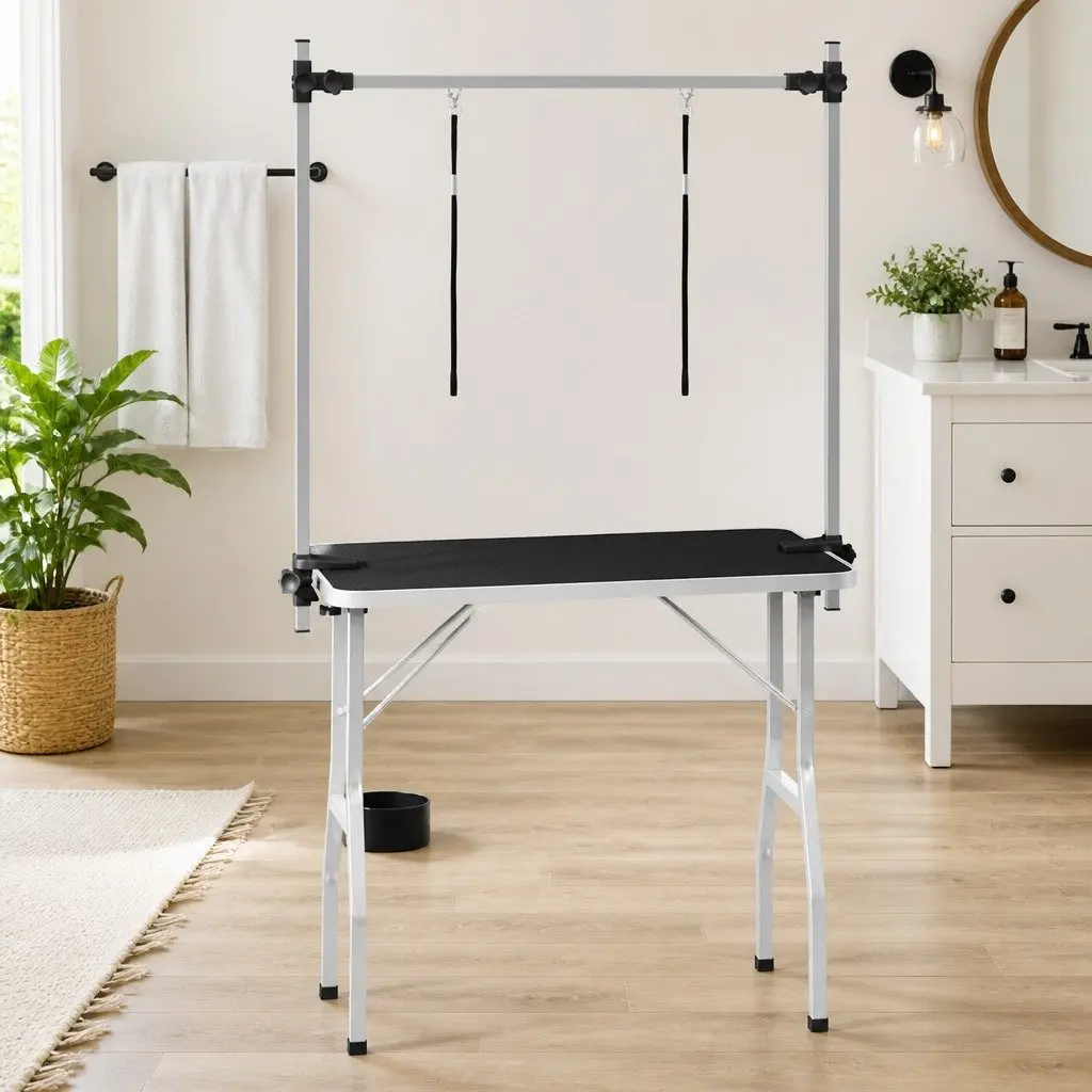 Dog Grooming Table Black Foldable Adjustable Arm Non-Slip Surface