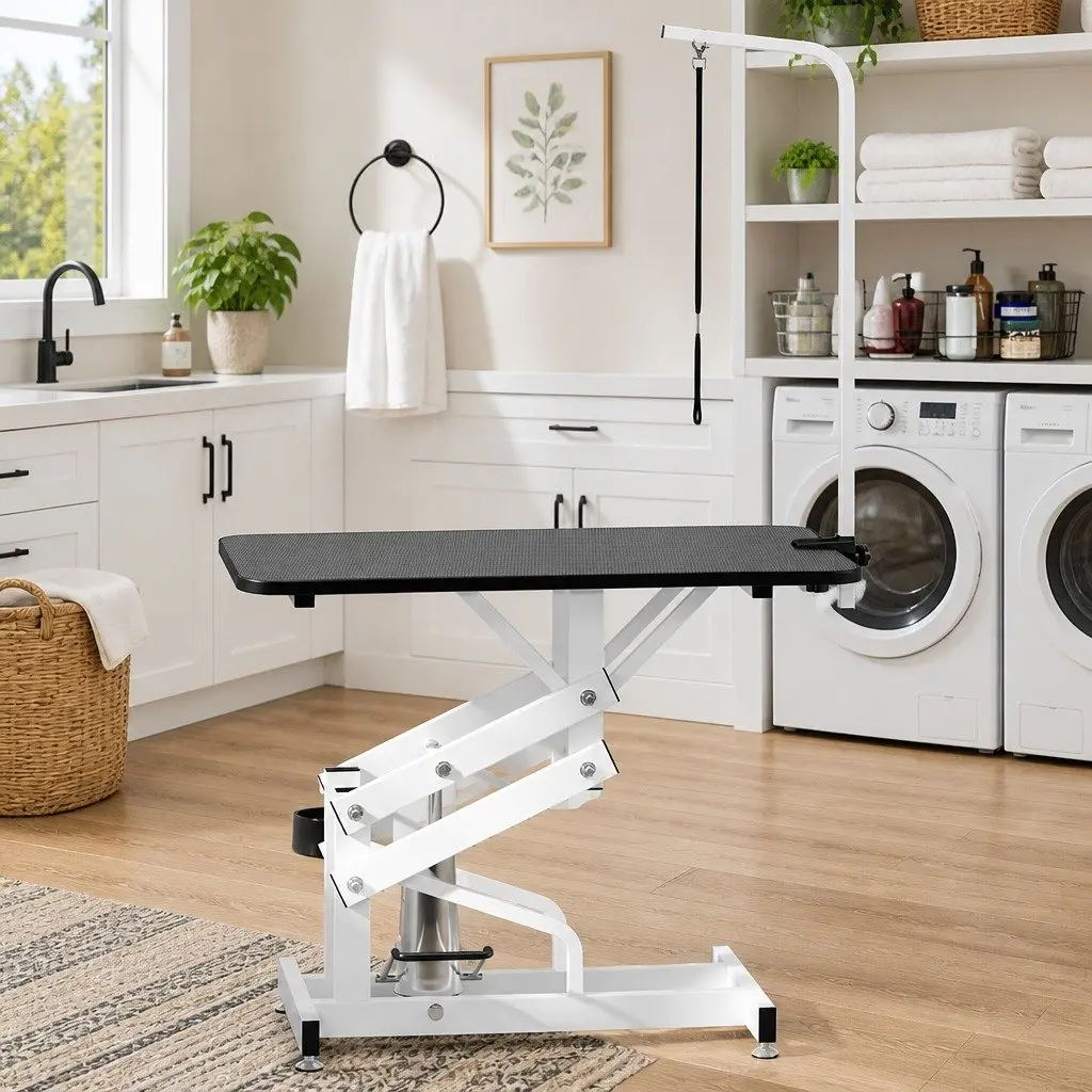 Hydraulic Grooming Table Black Adjustable Non-Slip Surface for Dogs and Cats