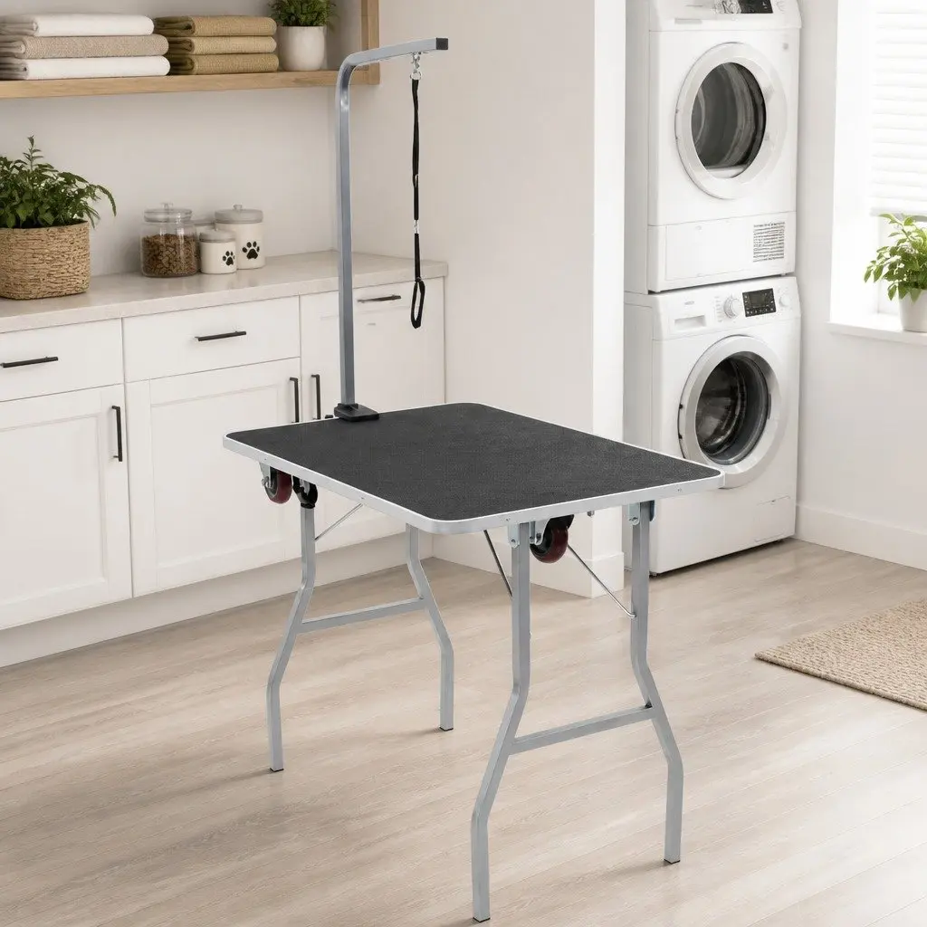 Portable Dog Grooming Table Brown Adjustable with Castors Non-slip Surface