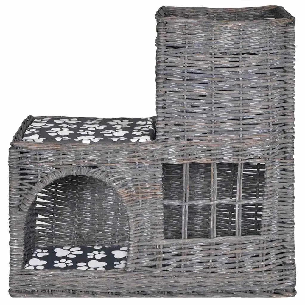 Cat Tree Willow Woven Pet House Bed Castle Scratching Post Cushion Grey