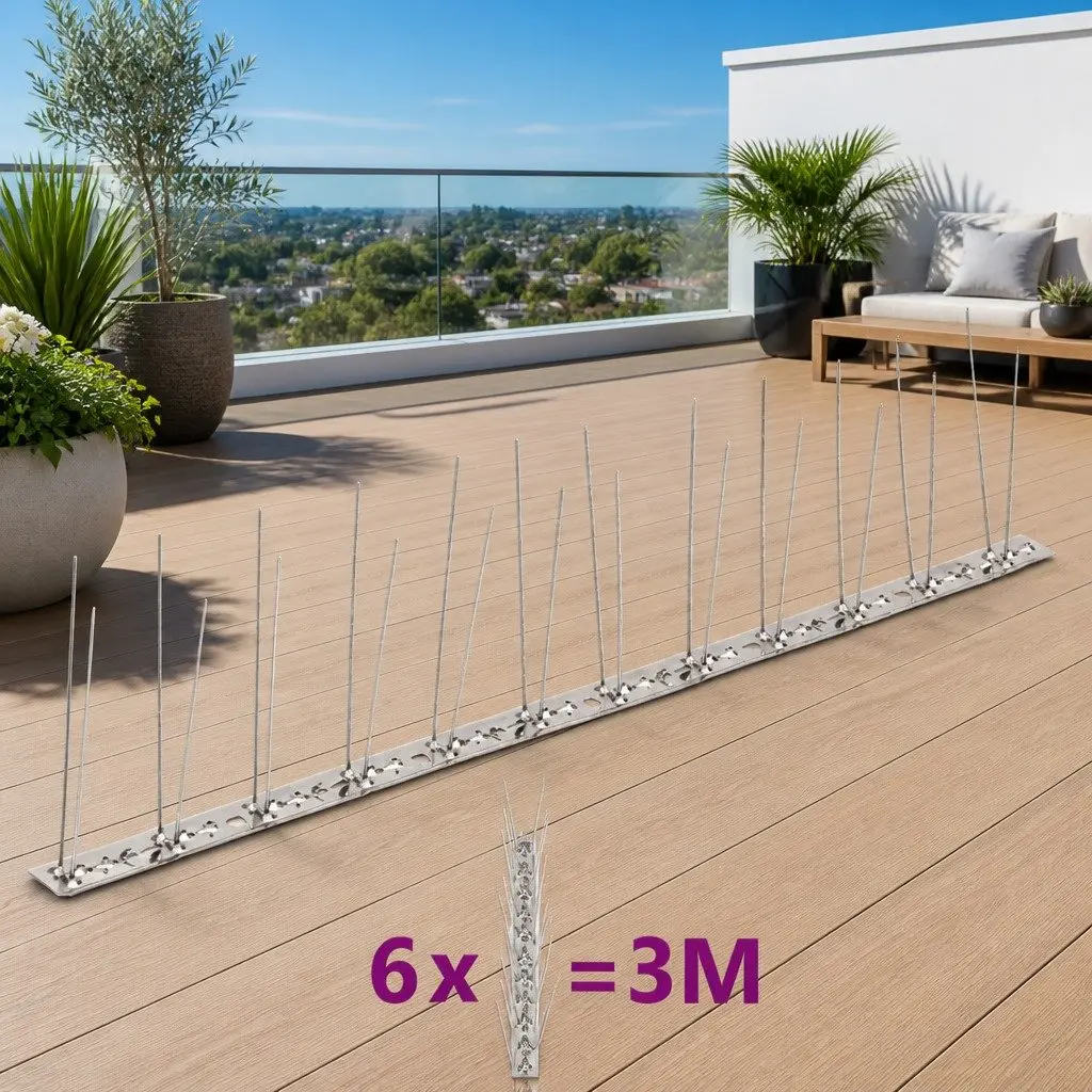 Bird & Pigeon Spikes Set of 6, 2-Row Stainless Steel Deterrent Strips 3m