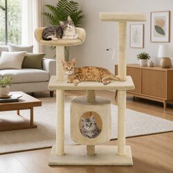 Concise 95cm Beige Cat Tree with Interactive Features