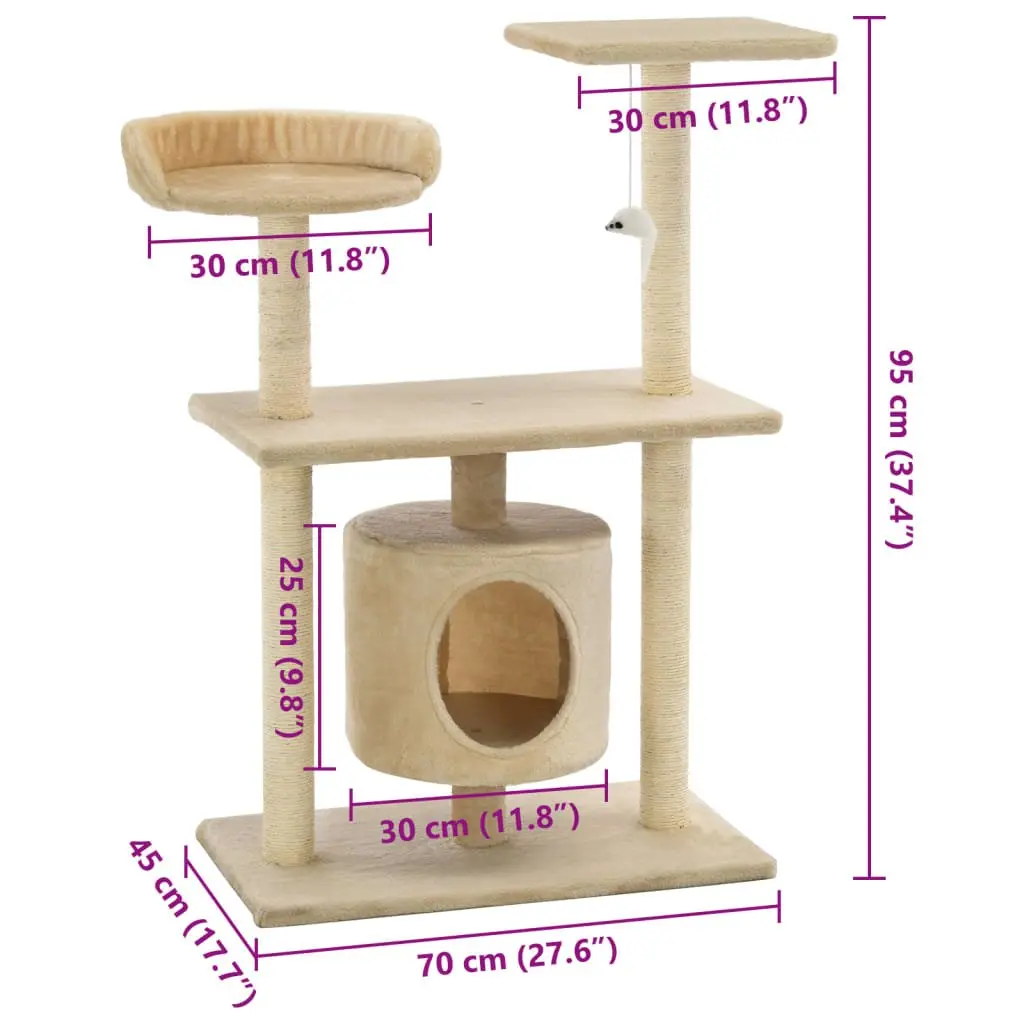 Cat Tree Beige 95cm Multi-Level Play Centre with Sisal Scratching Posts and House Perch