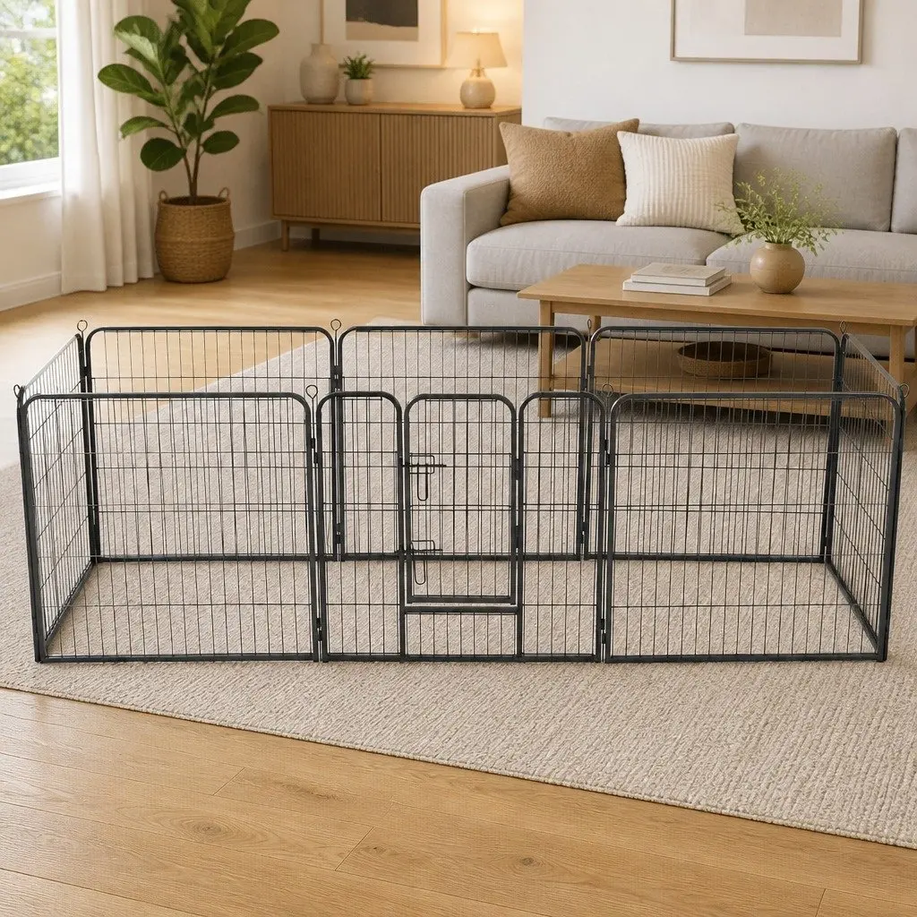 Dog Playpen Black 80x80cm 8 Panels Steel Enclosure Indoor Outdoor Pet Kennel