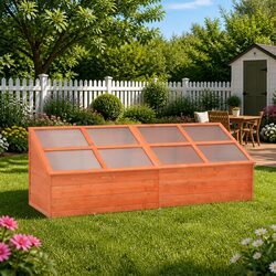 Wooden Garden Greenhouse Cold Frame Brown PC Board Hinged Lid Outdoor Herb Plant