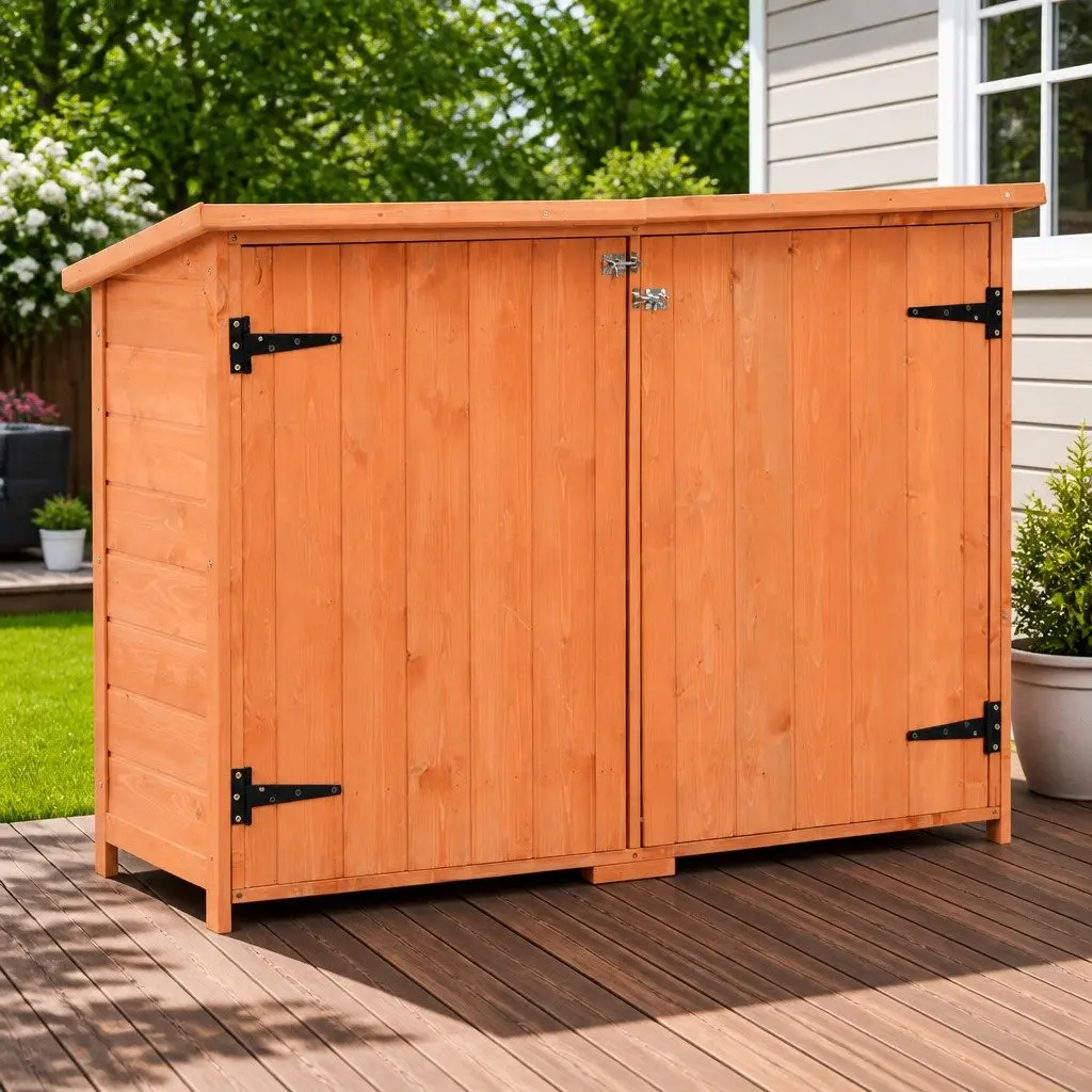 Garden Storage Shed Brown Wooden Tool Cabinet Outdoor Equipment Organiser