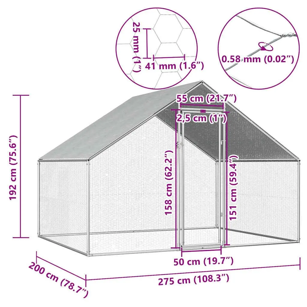 Outdoor Chicken Cage Silver 2.75x2x1.92m Galvanised Steel Run Enclosure